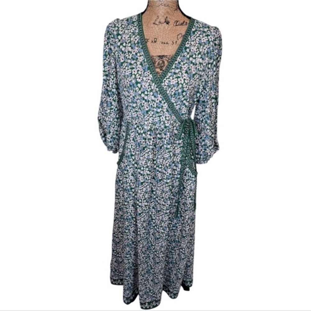Max Studio Danish Peasant Floral Green Faux Wrap Dress Size Medium New